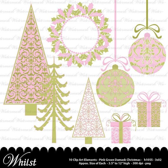 Damask Christmas digital clip art in pink and green, holiday digital scrapbooking : h1055 & 3s02 Il_570xn