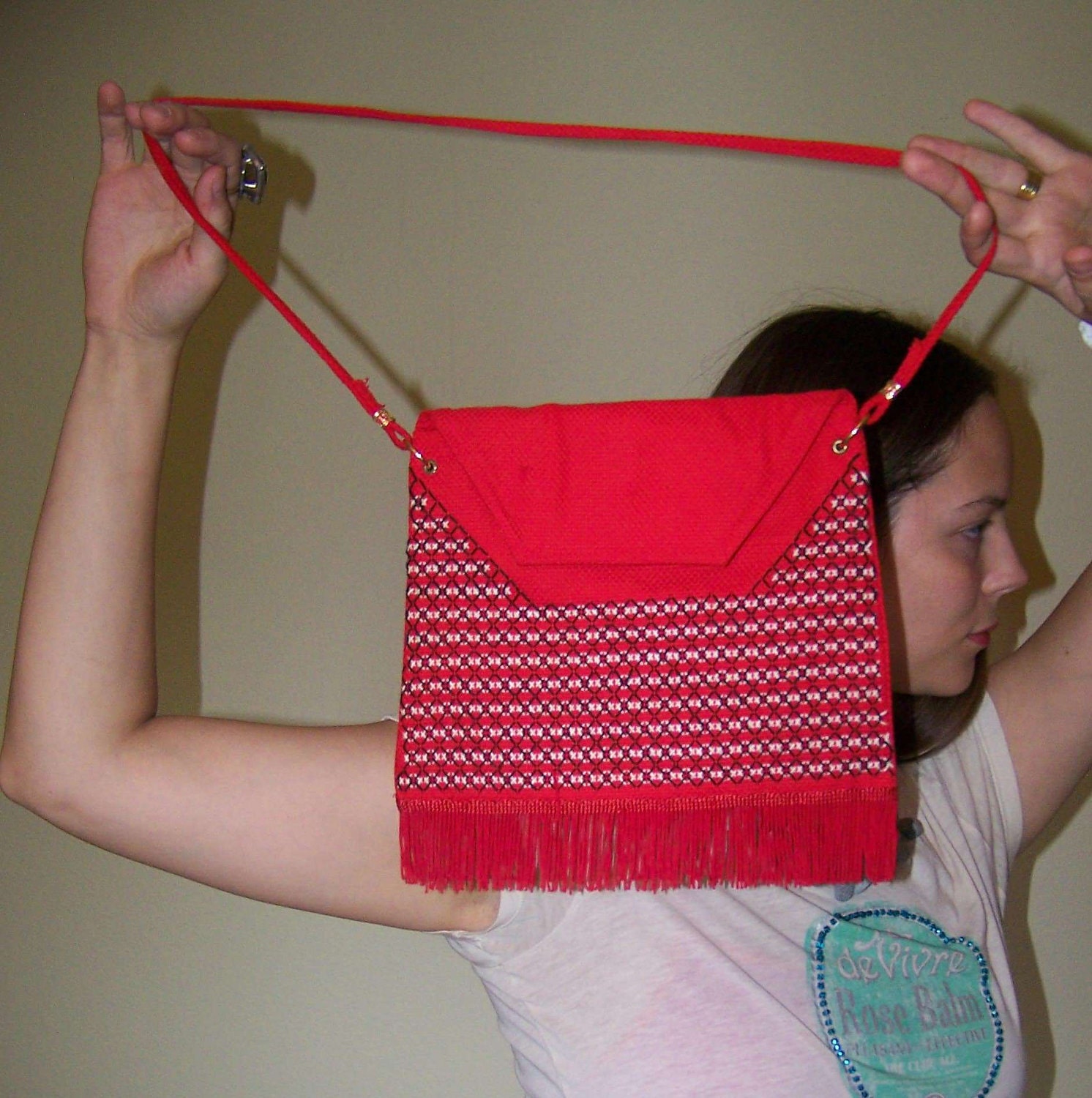 Red Fringe Hand Bag Purse Cross Body Vintage Graphic Geometric Woven Black White Ethnic Hippie Vintage What the Funk on Etsy