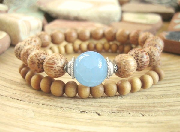 Yoga Bracelet Set - Coconut Palmwood Beads, Silver Capped Blue Dragons Vein Agate Bead and Cherry Wood Mala, Spring