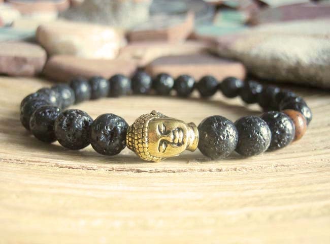 Mens Buddha Bracelet - Black Lava Stone Rock, Gold Plated Buddha Head and Red Lotus Seed Mala Bead, Yoga Beads