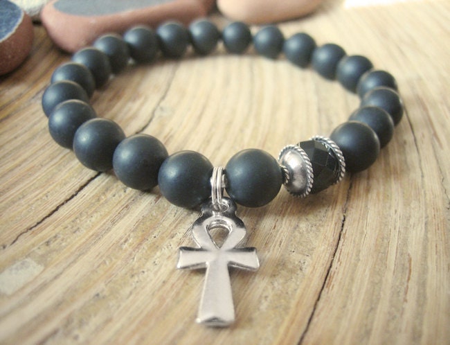 Ankh Bracelet - Silver Capped Faceted Onyx Bead and Black Stone, Egyptian Spiritual Beaded Bracelet, Gothic Prayer Beads