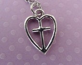 CROSS in HEART - Pewter Charm on a FREE Plated Chain