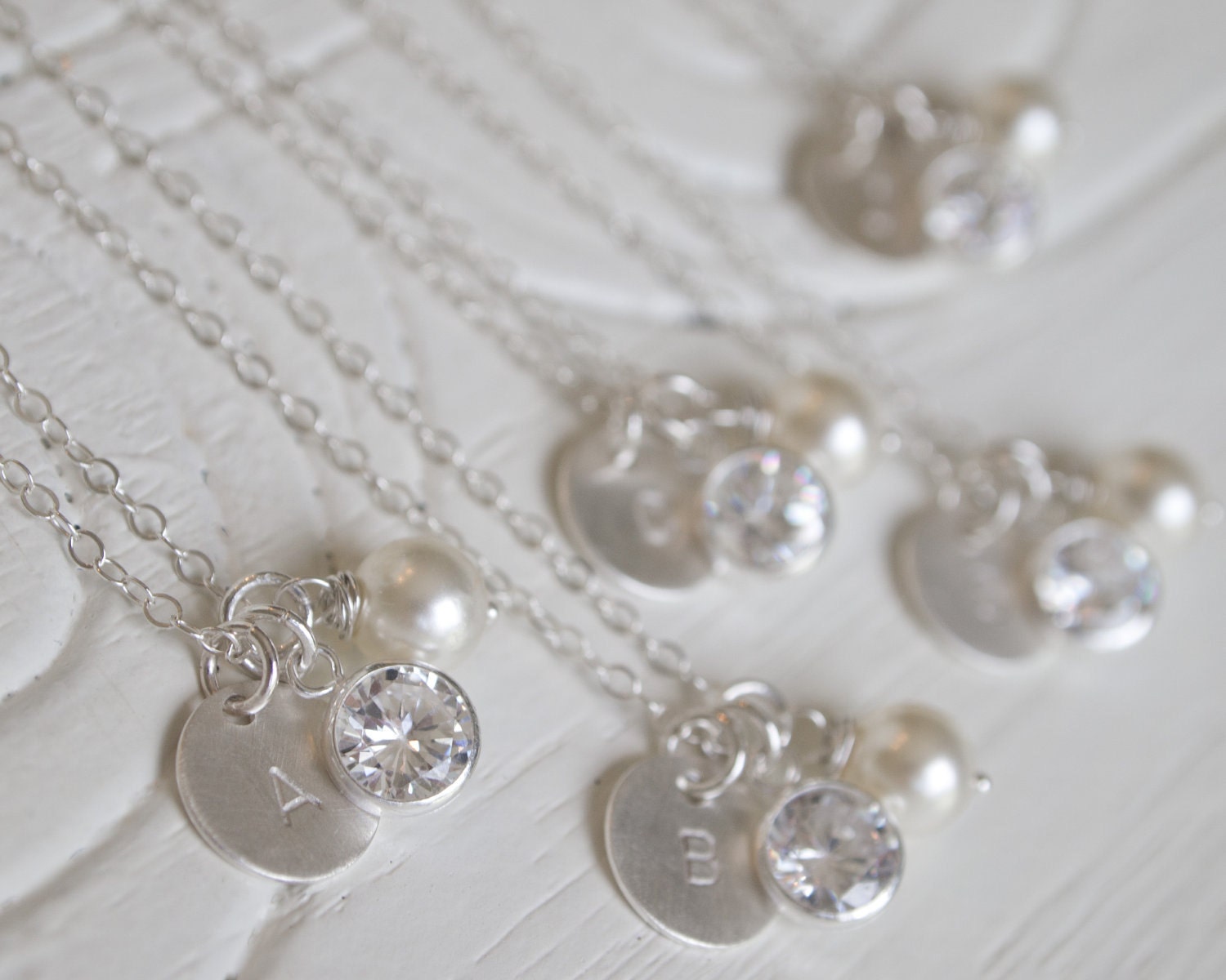 Bridesmaid Gift Set - Customized Sterling Silver Initial Pearl Diamond Necklaces