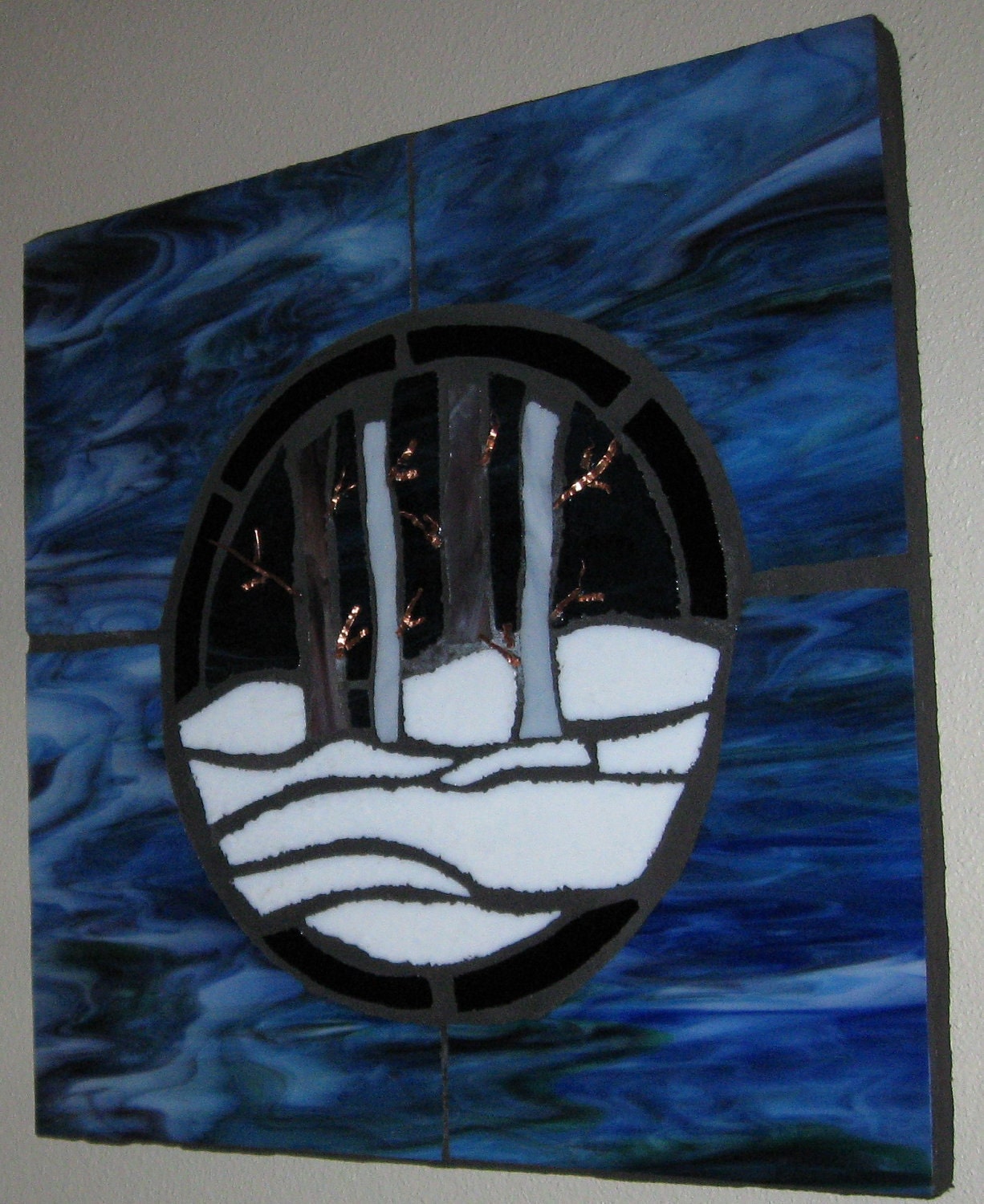 Handmade Stained Glass Winter Trees Mosaic Wall Hanging