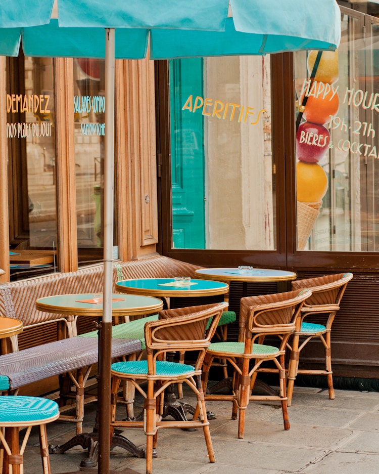 Paris Photography, Apertifs, Cafe, Teal Cafe Chairs, Sidewalk Cafe, French Wall Decor