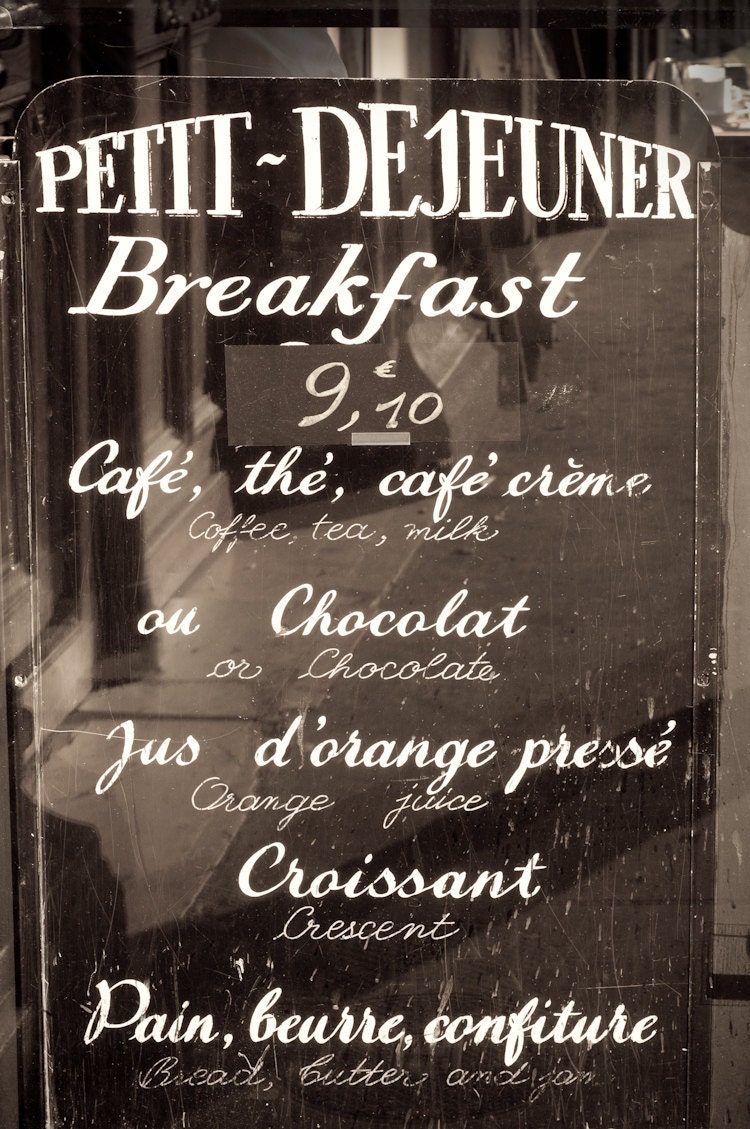 Paris Photography - Cafe Sign, Black and White Kitchen Wall Decor, Petit Dejeuner, Breakfast in Paris Photo