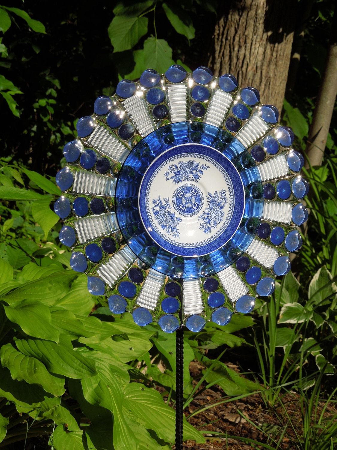 Outdoor GARDEN decor and YARD sun catcher made with recycled glassware
