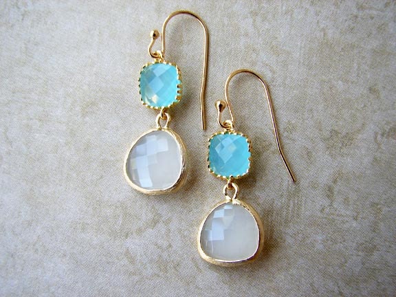 Beach Glass Look Earrings. Translucent White and Mint Glass Charms. Drop Dangle Earrings. Beach Wedding