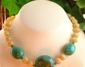 Turquoise Necklace - Yellow Old Carved Jade - Statement Necklace - Chunky Beaded - Choker - Ethnic Jewelry - Ancient Jewelry - Beadwork