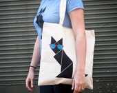 Black Cat Tangram Tote Bag with red & turquoise sunglasses printed on a canvas tote - HotlineInk Black Cat Tangram Tote Bag with red & turquoise sunglasses printed on a canvas tote - HotlineInk
