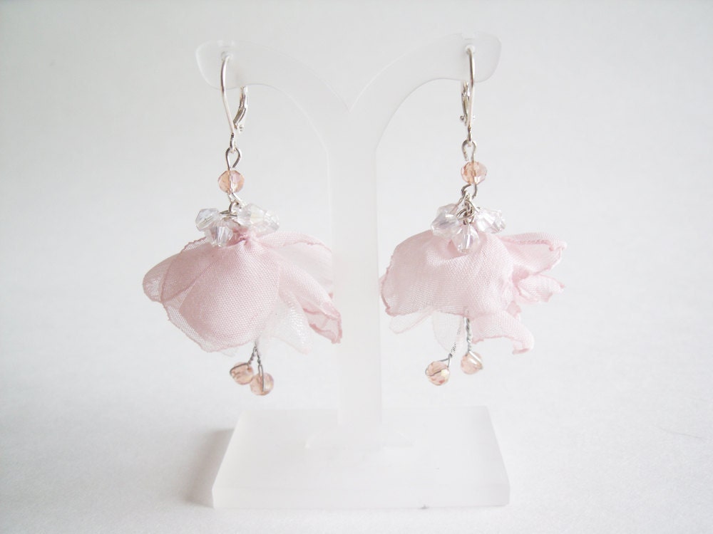 Bridal Earrings - Flower Earrings - Bridal Flower Earrings - Blush -  Crystal Flower Earrings - Crystal and Pearl Earrings
