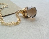 Brown smoky quartz teardrop gemstone 14ct gold filled chain necklace