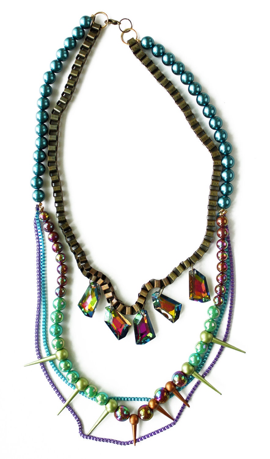 Jewelbox, statement necklace, strand necklace, rock n roll, spike studs, peacock crystal, sea inspired mermaid style, OOAK