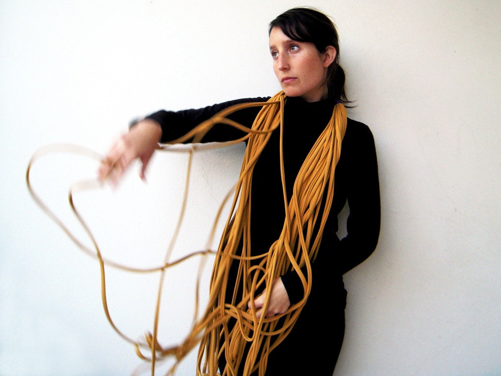 The noodle scarf - handmade in mustard and blue jersey fabric
