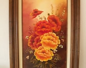 Vintage Original Painting by Charlotte White 70s Floral Bright Orange and Gold Flowers Gorgeous Bold Oil Artwork Large 31 x 19 Signed