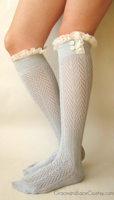 SALE Lacey Sock - Dove Grey boot socks - open-knit socks - chevron herringbone patterned - lace boot socks - lace socks  (item no: 10-28)