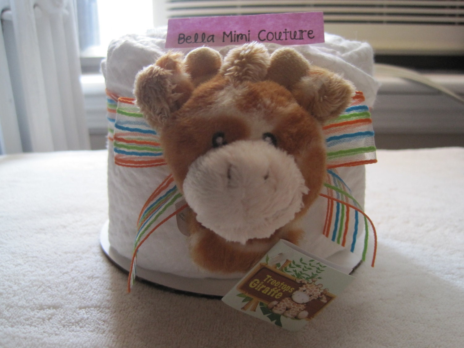 Custom Couture Baby Boy/Girl Diaper Cake with Giraffe Rattle