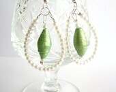 Upcycled chandelier earrings made of paper beads - eco friendly, recycled, white & green, bridal, pastel