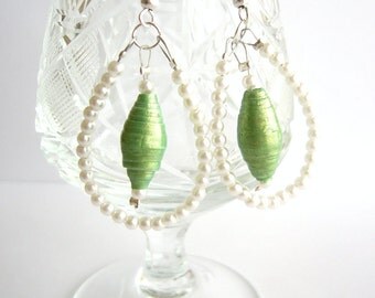 Upcycled chandelier earrings made of paper beads - eco friendly, recycled, white & green, bridal, pastel
