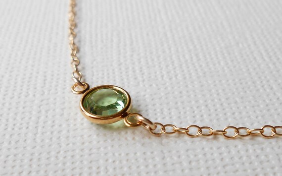 Peridot Green Crystal Gold Necklace, Tiny Solitaire - Libra, August Birthstone - Bridesmaids Set - Swarovski