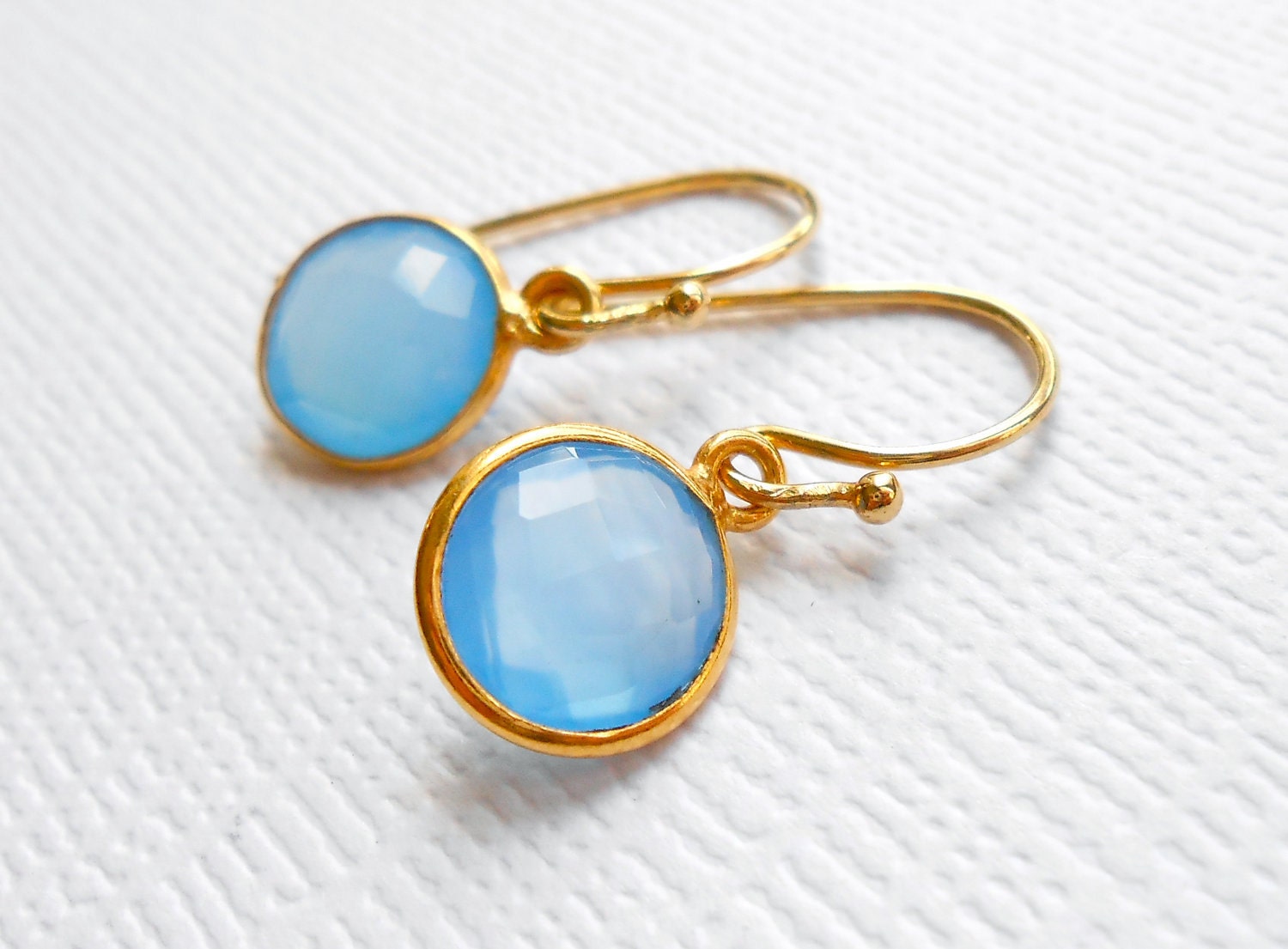 Blue Chalcedony Earrings Bezel Set in Gold Vermeil, Round Petite Gemstone Jewelry - Something Blue, Bridesmaid Set, ADPi