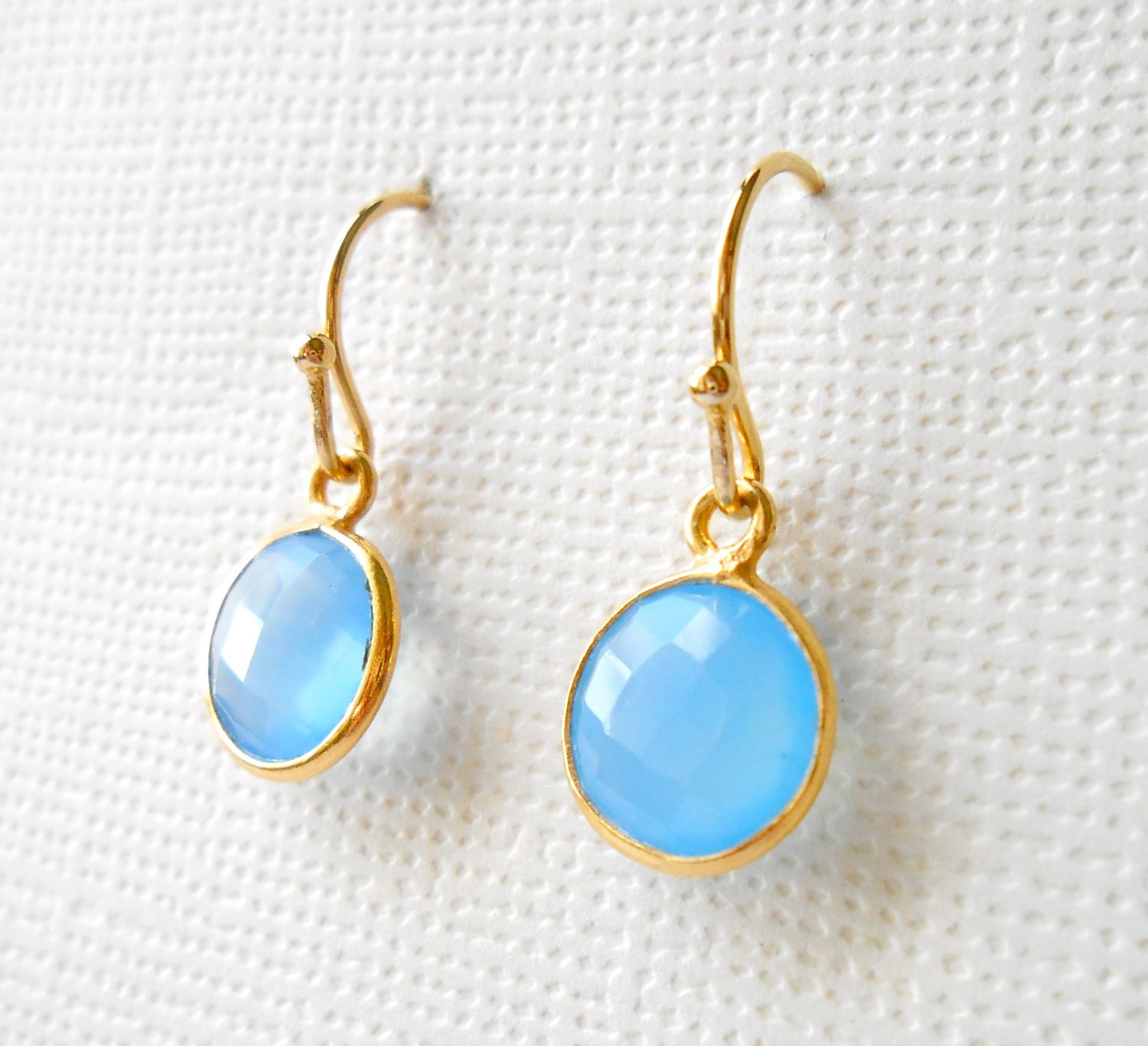 Blue Chalcedony Earrings Bezel Set in Gold Vermeil, Round Petite Gemstone Jewelry - Something Blue, Bridesmaid Set, ADPi