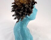 Aqua Turquoise Nest Baby Birds Chicks Woman Spiky Hair New Mother Newborn, "Feed Me"