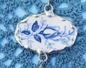 Broken China Jewelry Oval Pendant Necklace Blue Rose Sterling Silver Chain Included