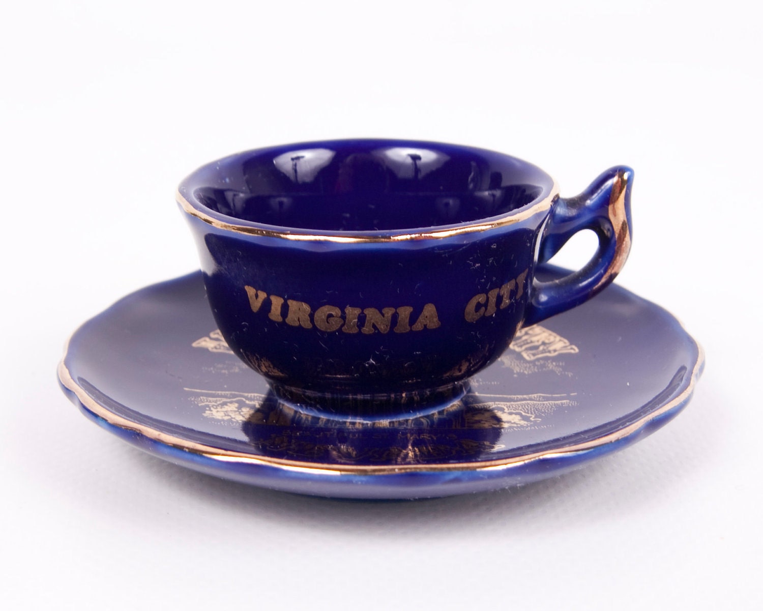 Vintage Nevada Teacup Saucer Virginia City NV Teacup Cobalt Blue St Marys Church Miniature Made in Japan Historical Church