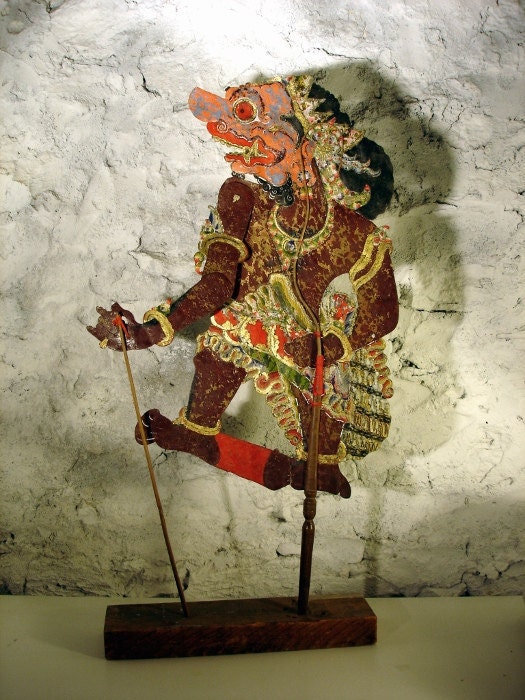 HOLD Javanese Shadow Puppet RAKSASA Ogre Vintage Handmade Indonesian "Wayang Kulit" from Central Java & STAND