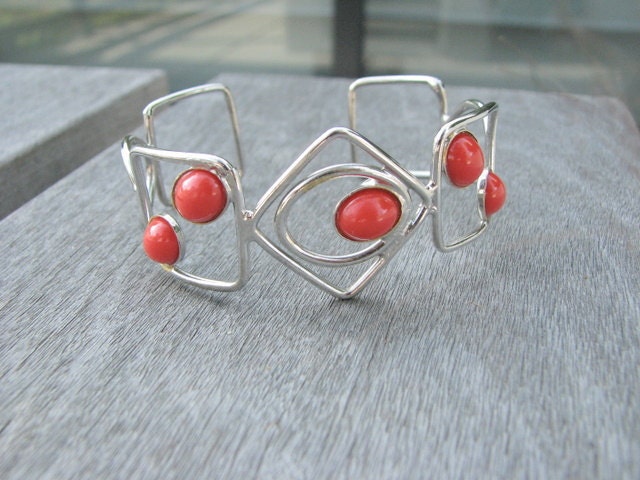 Celebrity N.Y. Signed Geometric Shapes with Red Lucite Open Cuff Bracelet - TheSnazzyRhino