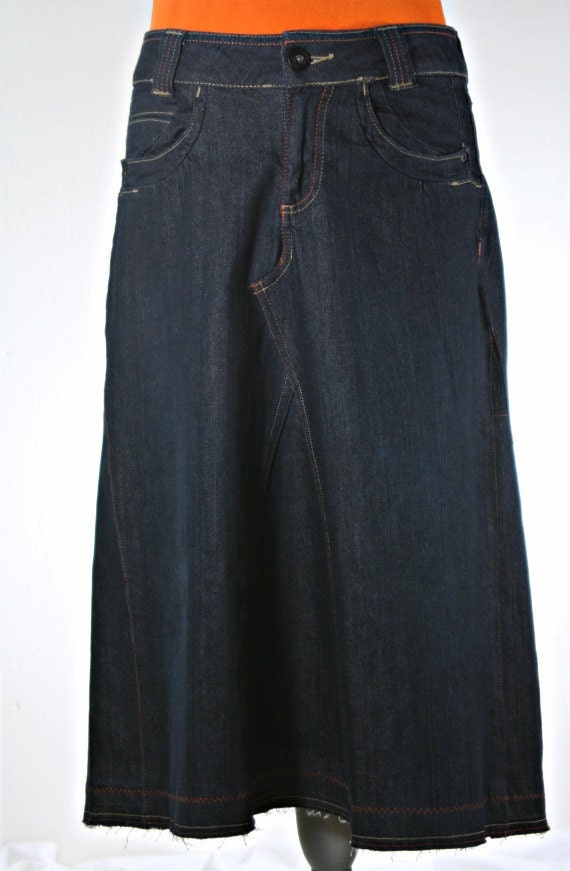 Upcycled Dark Blue Denim Skirt, Made from Brand New Size 9/10 Pair of Riders' Copper Jeans