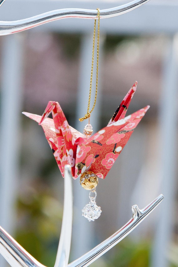Red Cherry Blossoms Origami Crane Ornament