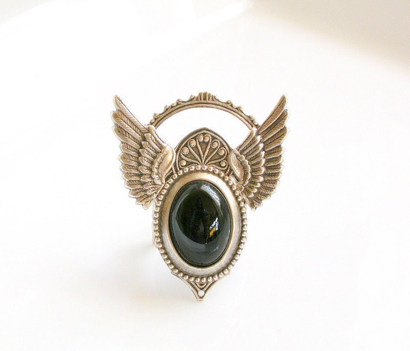 Silver Wings Gothic Ring -Black Onyx Stone - Wings Jewelry