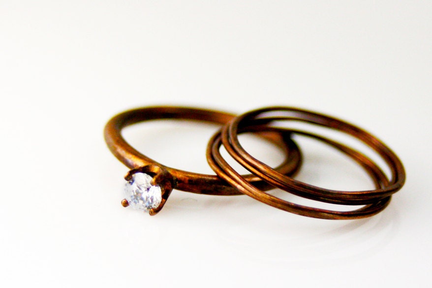 Rustic Peach Gold and Crystal Matte Bronze Stack Ring Set of 5, High Sparkle and Dynamic Contrast, Vintage Bronze Finish. Mother's Day gift
