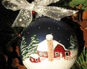 Hand painted barn in a winter scene Christmas ornament