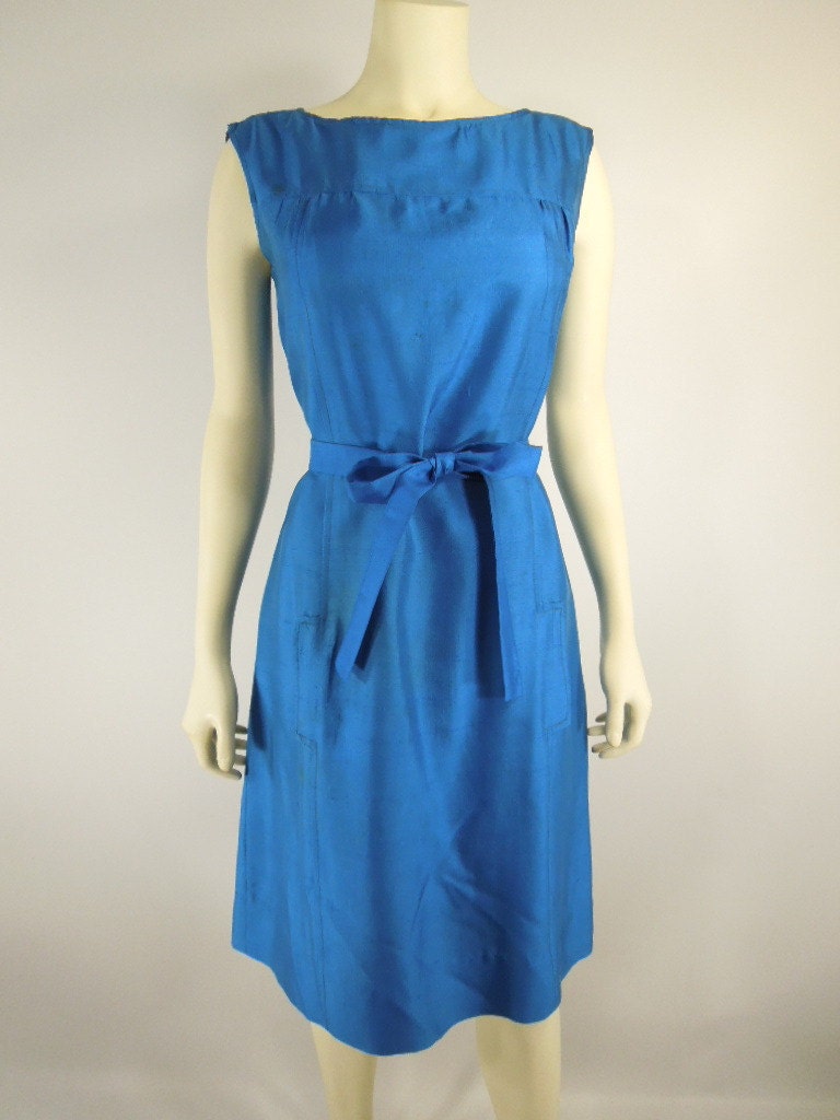 60s Belted Shift Dress in Royal Blue Silk by Sir James - sm, med TREASURY ITEM