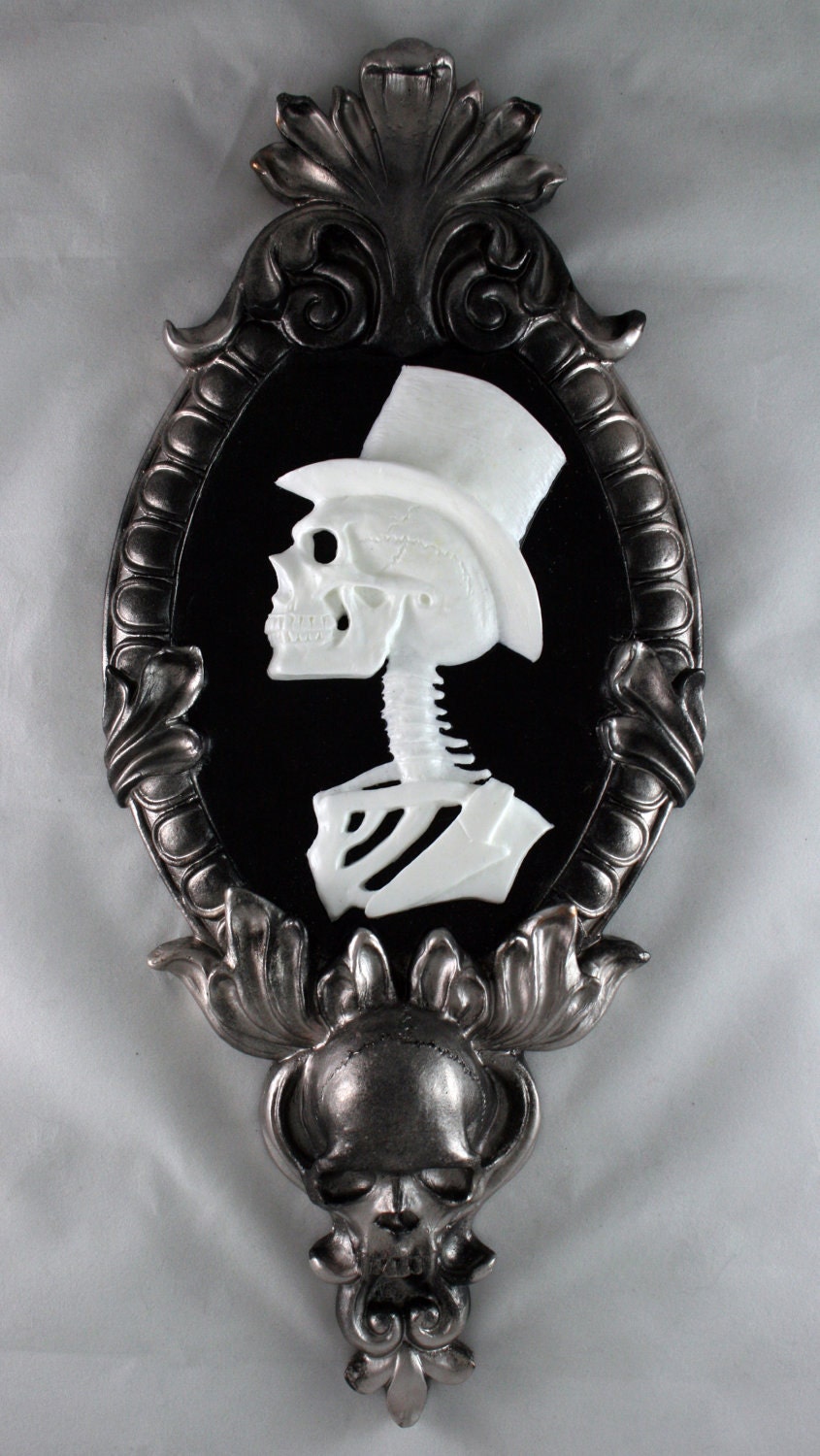 Gothic Victorian Gentleman Skeleton Cameo in silver tone frame - Black Light reactive