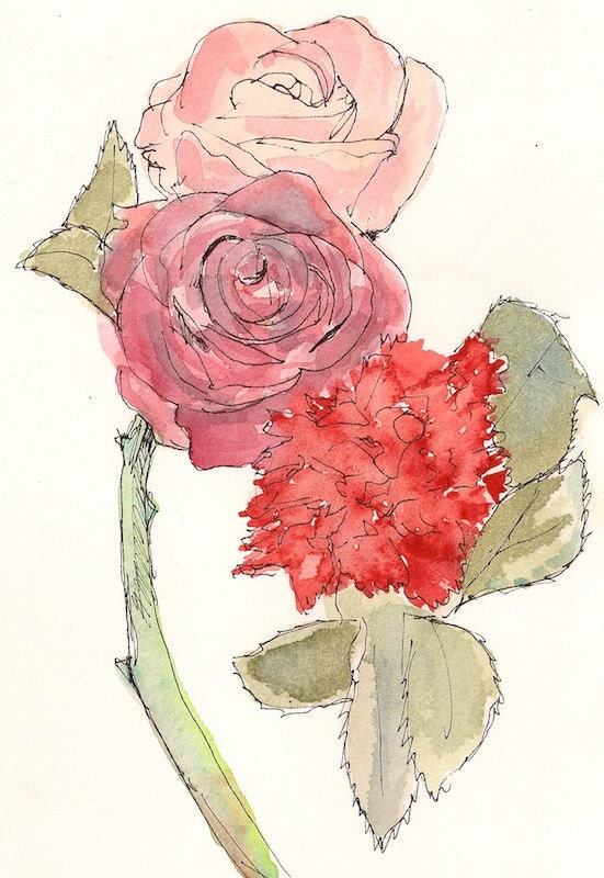 Rose, carnation pink and red original watercolor painting, framed and matted,  9x11