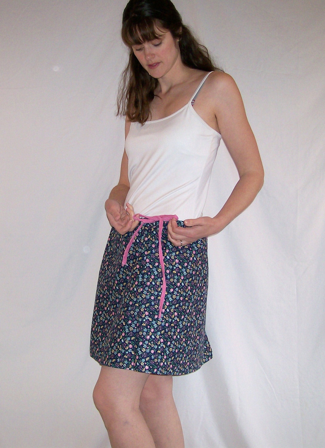 Blue Floral Skirt with Corduroy Drawstring