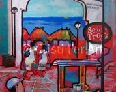 Original painting acrylic on papaer red and blue People of Caribbean town Playa del Carmen Mexico original painting home decor