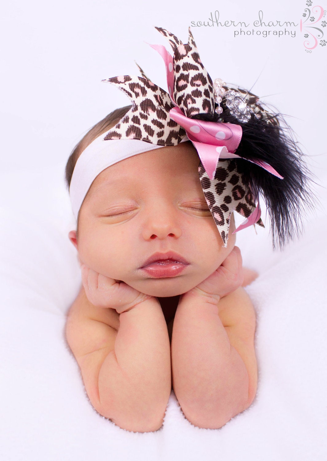 Baby girl big bow Newborn over the top headband Pink cheetah big hair bow Newborn prop