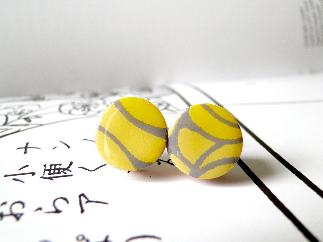 Yellow Stud Earrings, Citrus Yellow, Yellow Earrings, Japanese Chiyogami Paper, Bright, Colorful, Gift for her, Spring and Summer