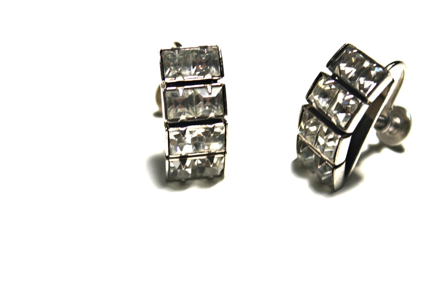 Vintage  rhinestone screw back earrings clear curved bridal wedding half rounds