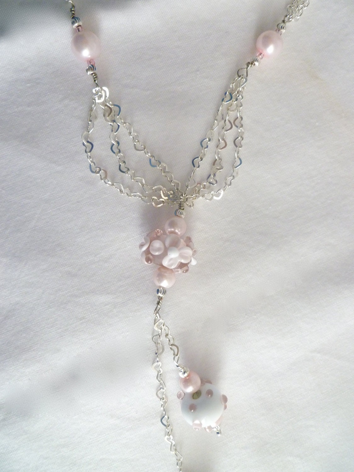 Pink and White Valentine's Day Necklace with Sterling Silver Hearts, Glass Lampwork Beads, Pearls