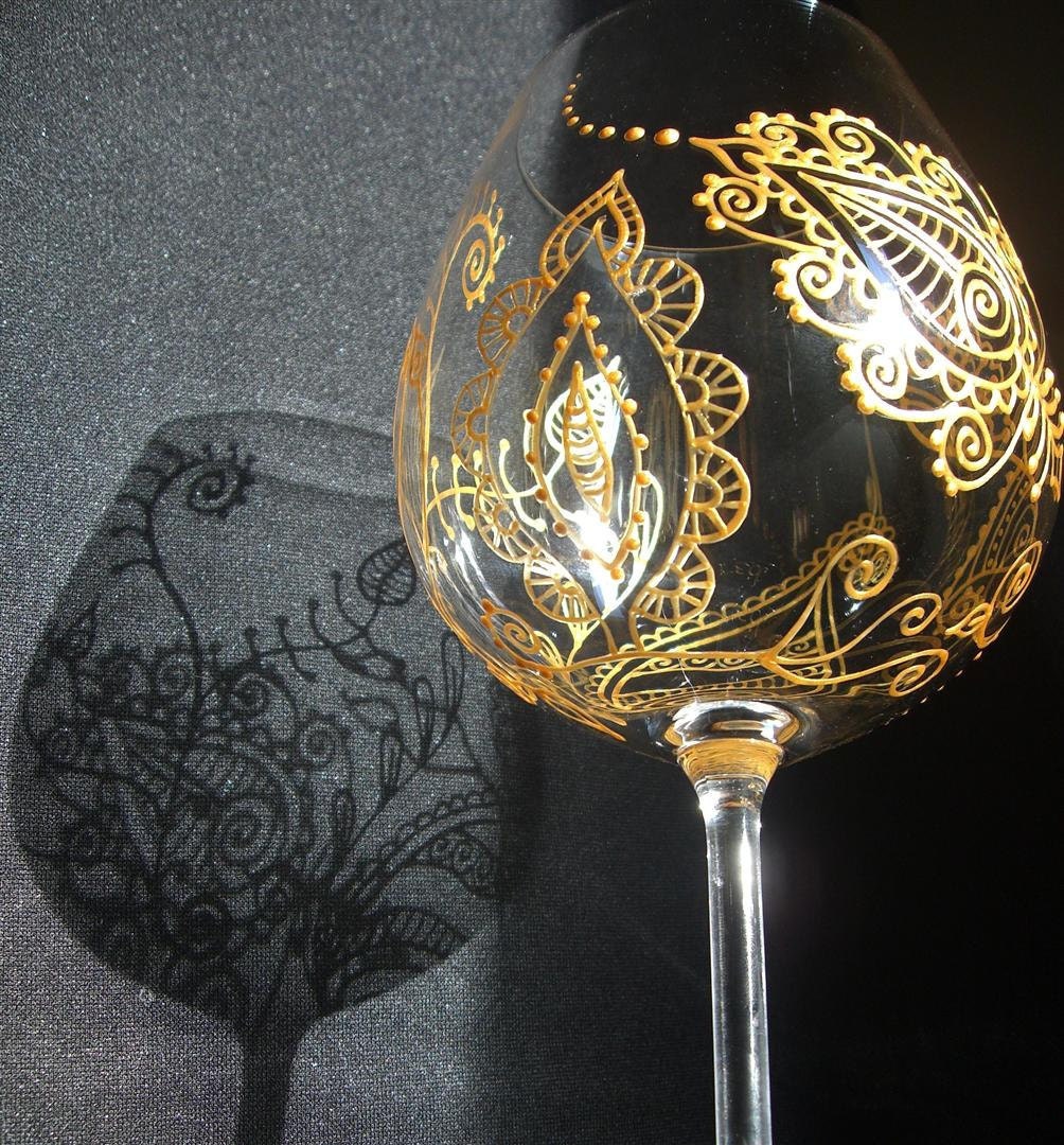 Custom and Personalized red wine glass art in Mehndi designs for wedding, bridesmaid gift, bride & groom, anniversary