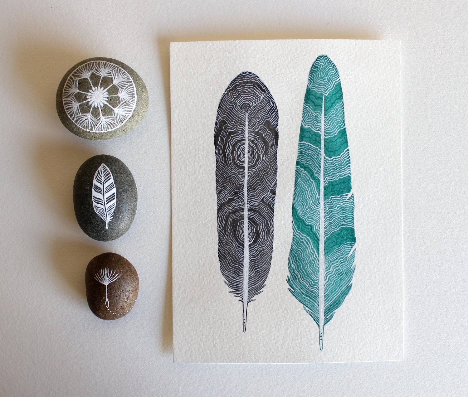 Featured in West Elm - Feather Painting - Watercolor Art - Large Archival Print - 11x14 Tree Ring Feathers