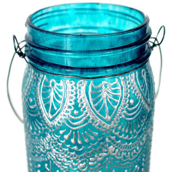 Hand Painted Mason Jar Lantern, with Peacock Blue Glass and Pearl White Eccents
