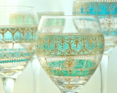 Four Handpainted, Moroccan Inspired Wine Glasses with Green Glass Details and Golden Accents