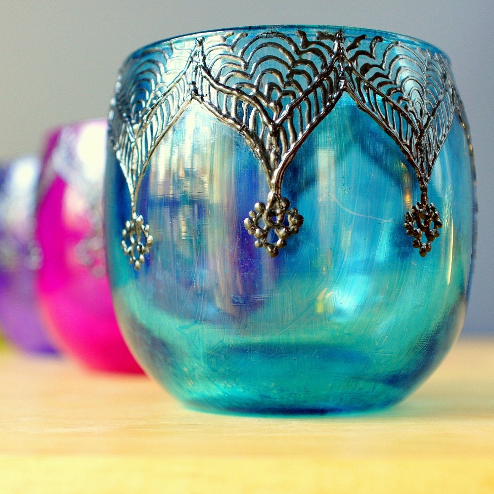Moroccan Votive Holder with Peacock Blue Glass and Gunmetal Accents
